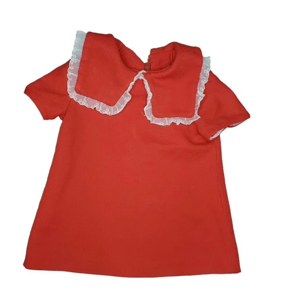 Vintage 50s 60s Girls Red Textured Dress Short Large Collar 18 Month Lace‎ Trim